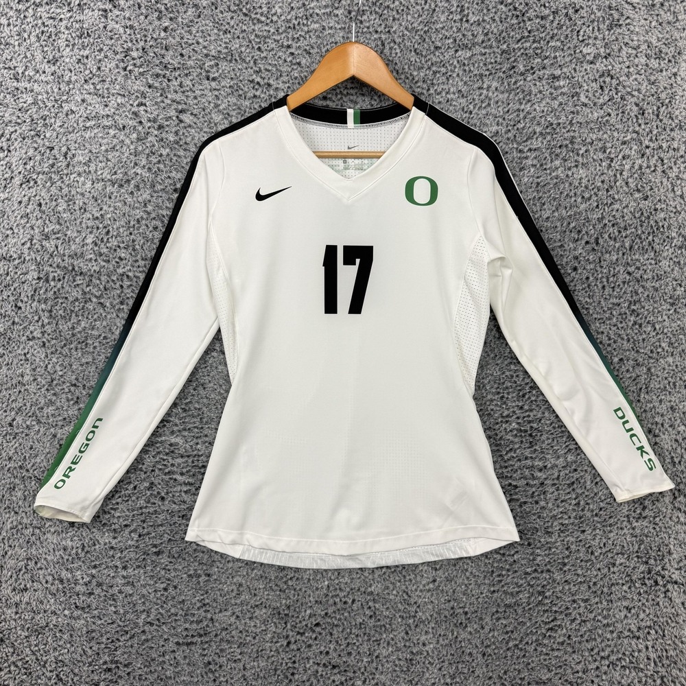 Nike Oregon Ducks Volleyball Jersey Womens Medium White Dri-FIT #17 Long Sleeve